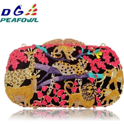 Animal Zoo Jungle Tiger Deer Metal Women Crystal Evening Bag Clutches Minaudiere Handbag Hard Bridal Wedding Party Clutch Purse