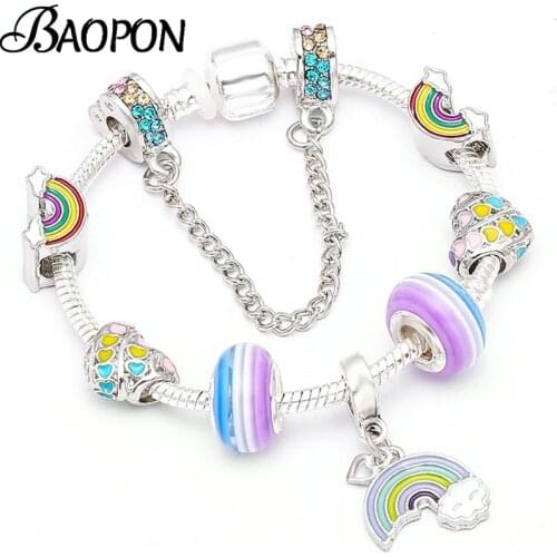 BAOPON 2021 New Puple Murano Charm Bracelet With Rainbow Safety Chain Beads Brand Bracelets For Women Men Lover Jewelry Gift