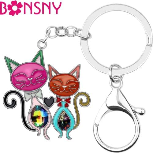Bonsny Enamel Alloy Rhinestone Double Cat Kitten Keychains Key Ring For Women Girl Car Purse Handbag New Decoration Gift Jewelry