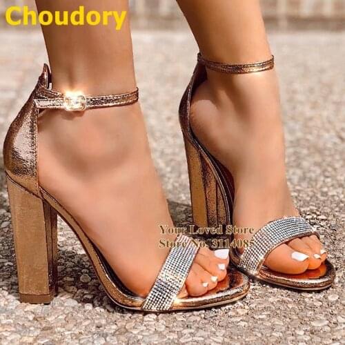Choudory Rose Gold Rhinestone Metallic Chunky Heels Bling Bling Crystal Strap Wedding Shoes Street Fashion Summer Shoes Size46