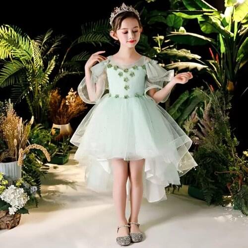 Flower Girl Dresses Crystal Appliques Sequined Pearls O-Neck Princess Knee-Length Tulle Off The Shoulder Kids Party Gown H448