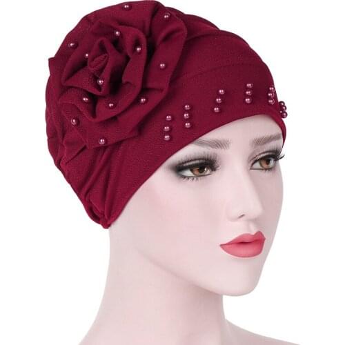 Women Hats Multi-functional New Side Plate Flower Nail Bead Solid Color Big Flower Headscarf Hat Moon Cap Muslim Head Cap 162