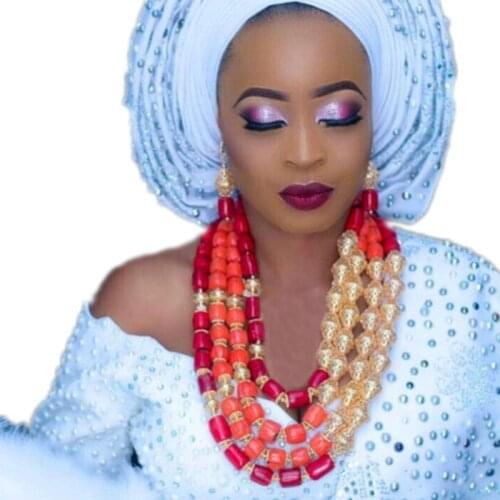 DUDO Store Nigerian Necklace Sets For Women 4 Layers Luxury African Coral Beads Jewelry Set With Gold Divider Red and orange