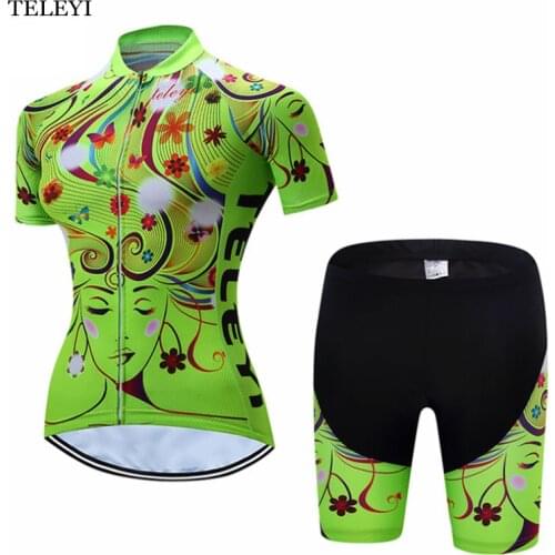 TELEYI Team Women Cycling Ropa Ciclismo Team Green Girls Bike Short Sleeve Jersey&Bib Shorts Set Bicycle Sportwear Clothing Set