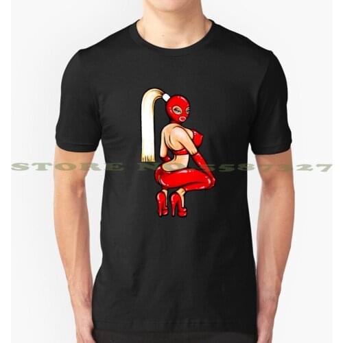 Red Rubber Hood Cool Design Trendy T-Shirt Tee Woman Sexy Red Latex Busty Stiletto Heels Pony Tail Gloves Hood Zipper Lips