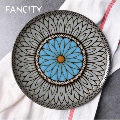 FANCITY Creative retro kiln glazed ceramic tableware flower blooming western plate steak plate pasta plate dessert plate