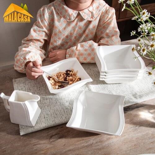 MALACASA 6-pieces FLORA White Porcelain Square Soup Cereal Oatmeal Bowls Dinner Breakfast Household Dinnerware Bowl Sets