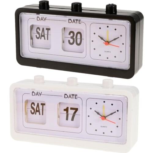 Table Clock Flip Date/ Day Display Timepiece Flip Page Turning Clocks-White