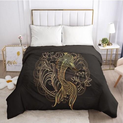 Custom Duvet Cover with Zipper Comforter/Quilt/Blanket Case Queen/King 240x220 260x220 180x210 3D Bedding Black Golden carp