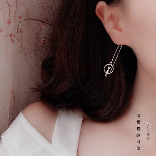 S925 Sterling Silver Long Earring With Cat Pendant On Japanese Literary Fresh And Lovely Moon For Charming Dreaming Women