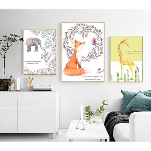 Nordic Cute Cartoon Animal Fox Deer Elephant Canvas Art Abstract Painting Print Poster Picture Wall Children Bedroom Home Décor
