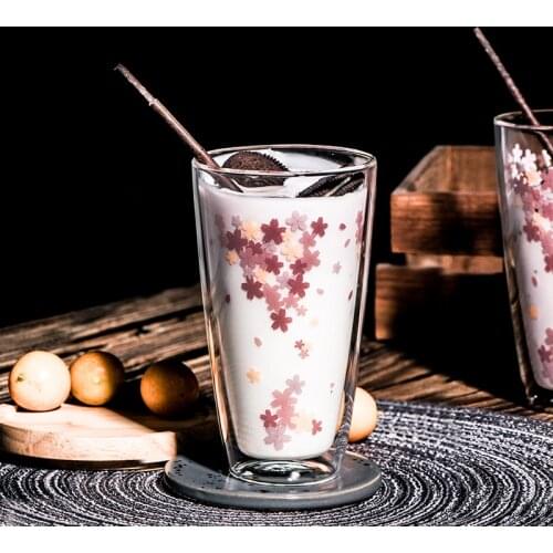 Double Wall Glass Heat Resistant Beer Cup Water Glasses For Drinking Juice Coffee Latte Mug Wine Glass Cherry Blossom