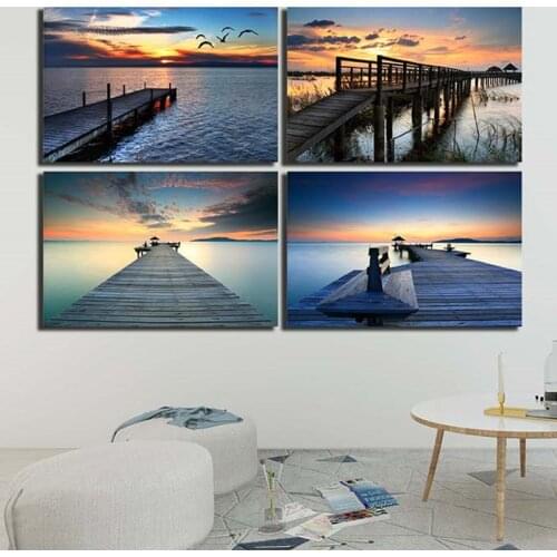 YUMEART Sunset Cloud Sea View Wooden Bridge and Birds Seaside Landscape Poster Prints Canvas Art Wall Painting Living Room Decal