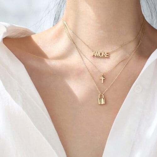 YUN RUO Individuality Letters Cross Lock Pendant Necklace 14 K Gold Titanium Steel Jewelry Woman Gift Never Fade Hypoallergenic