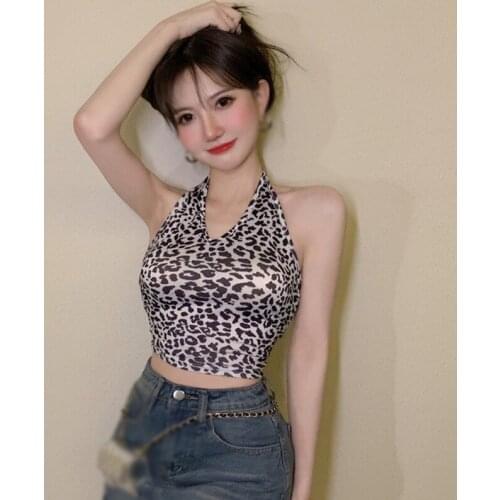 Women Sexy Tank Top Off-shoulder Clubwear Halter Leopard Printed Short Slim Summer Ladies Camisole