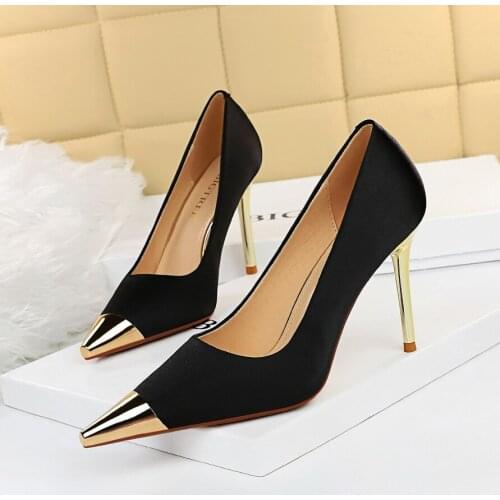 BIGTREE Plus Size 34-43 Silk Women Shoes Shallow Fashion Women Pumps Metal Pointed Toe Sexy High Heel Dress Party Shoes Woman