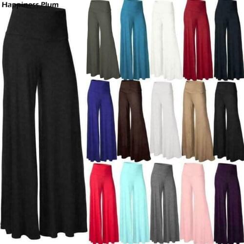 Womens Plus Size High Waist Wide Leg Maxi Long Pants Solid Color Office Lady Loose Stretch Pleated Palazzo Lounge Trousers S-3X