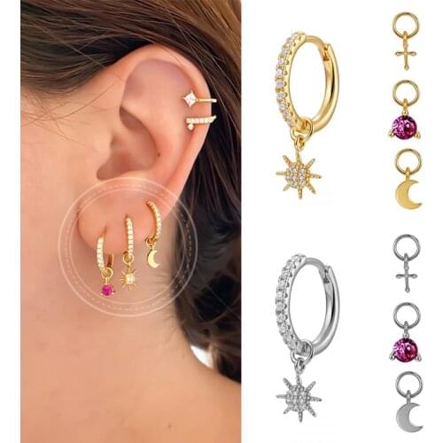 4pcs 925 Sterling Silver Removable Hanging Hoop Earrings for Women Sun Moon Cross Rose Red Crystal Earring Huggies Small Earring
