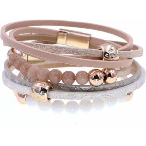 WELLMORE 2 Layers leather bracelet 2pcs/Set bracelets combinations bead bracelets for women Bohemian bracelet femme