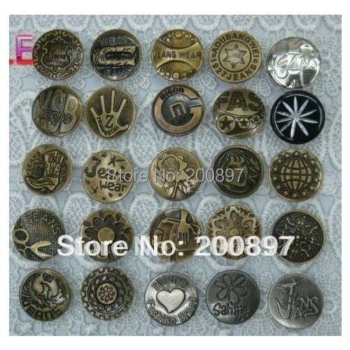 2018 jeans buttons 20mm bronze gold silver color metal diy shank for jeans fasteners 25 styles 100pcs/lot