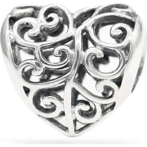 925 Sterling Silver Openwork Heart Charm fit Original Pandora Bracelets & Necklaces Silver 925 Beads Accessories