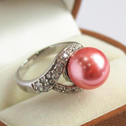 Noblest ladys silver plated with crystal decorated &12mm red shell pearl ring(#7 8 9 10)