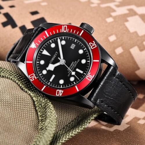 CORGEUT 2021 Luxury Mechanical Mens Watch Top Brand NH35 Watch Mens 100M Waterproof Sports Watch Luminous Leather Clock Red