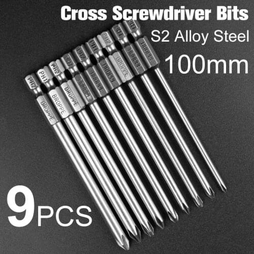 HOEN 9 Pieces Shank 1/4 inch S2 alloy steel 100mm Long Magnetic Hex for Cross Head Screwdriver Bits Set PH1 PH2 Screwdriver Head