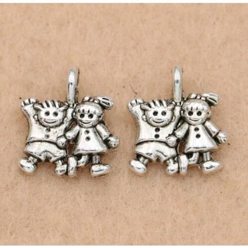 KJjewel Antique Silver Plated Boy Girl Charms Pendants Jewelry Accessories DIY Jewelry Making Bracelet 14x11mm