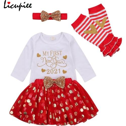 0-18 Months Girls' 4pcs First New Year Clothes Set, Long Sleeve Triangle Romper Dot Tulle Skirt Striped Leg Warmers Headband