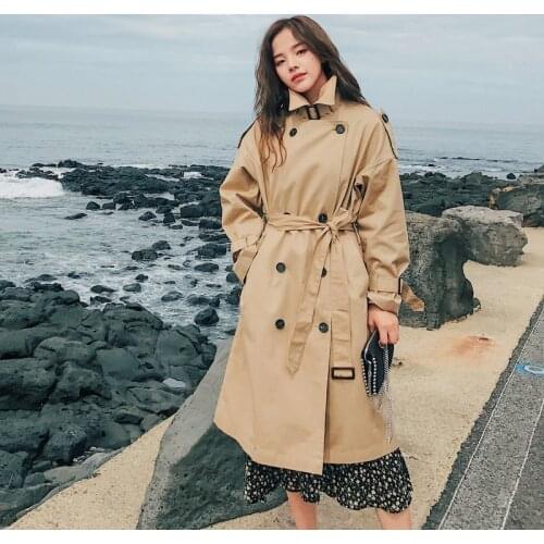 Korean Windbreaker womens 2020 new khaki casual Double-Breasted Belt loose Spring Autumn Long Trench Coats b412