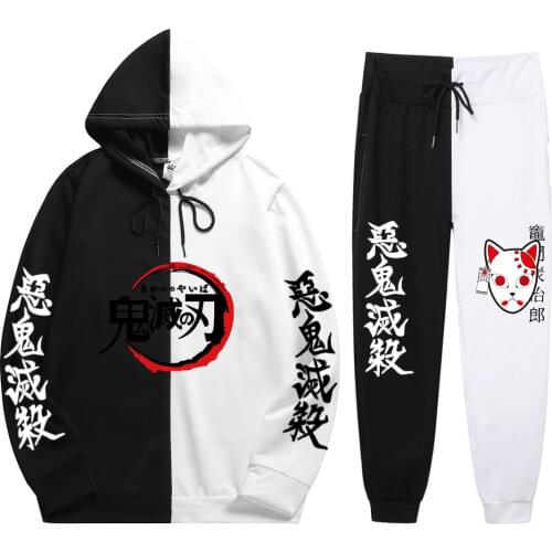 Summer Mens 2 Pieces Sets Anime Harajuku Demon Slayer Tanjiro Print Patchwork Thin Hoodie+PatchworkPants Sweatshirt Fashion