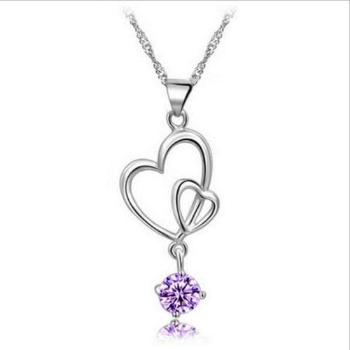 LUKENI Trendy 925 Sterling Silver Necklace Female Accessories Fashion Zircon Double Heart Girls Pendant Necklace Jewelry Women