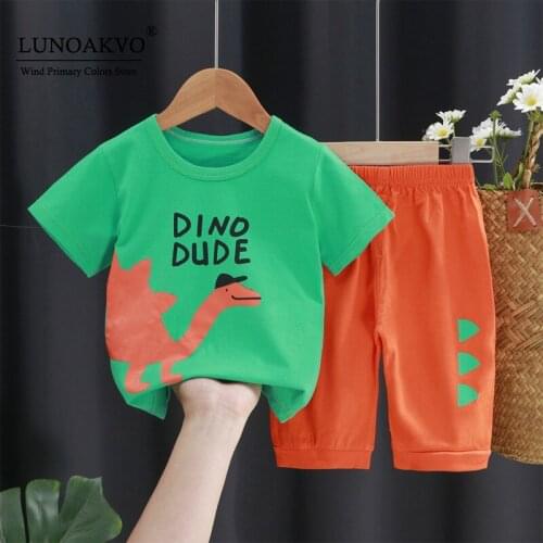 Lunoakvo Summer Short-sleeved Suit New Korean Boy Baby Comfortable Western Style Print Lightweight Breathable Two-piece Suit