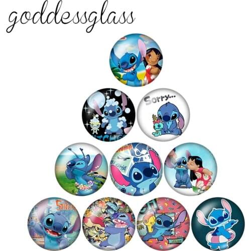 Disney Cute Stitch Lilo Cartoon 10pcs 12mm/18mm/20mm/25mm Round photo glass cabochon flat back Necklace Making findings