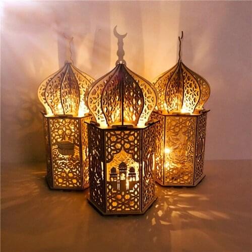 Muslim Festival Lights Ornaments 2021 Eid Mubarak Wooden Eid Mubarak Ramadan Gulbang Square Rectangle LED Lamp Decoration Crafts