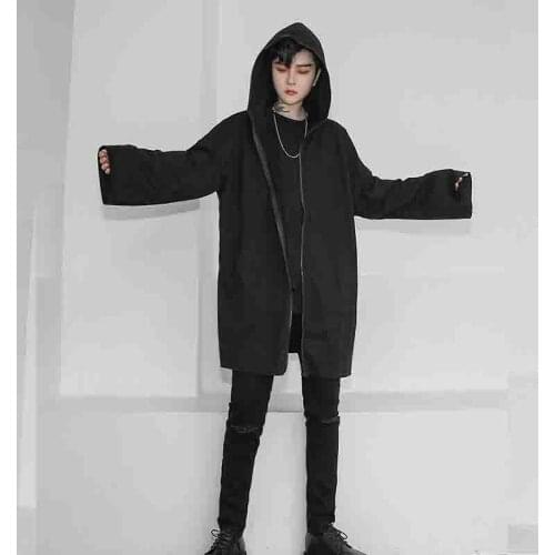 Mens cardigan autumn winter loose in the long hooded coat mens leisure windbreaker youth black large size tide England