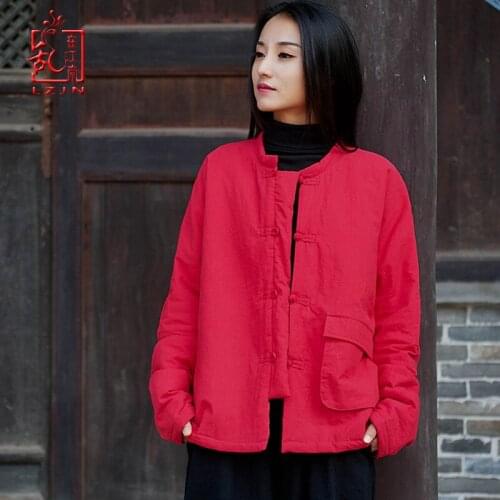 LZJN 2019 New Autumn Winter Cotton Linen Thin Coat Short Vintage Chinese Style Padded Lightweight Jacket Coat with Pockets