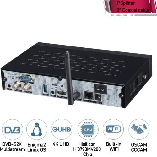 Original Dinobot 4K Twin UHD Linux E2 Satellite Receiver with Dual DVB-S2X Multistream Tuner,2160p,H.265,HDR,with Sat Receiver