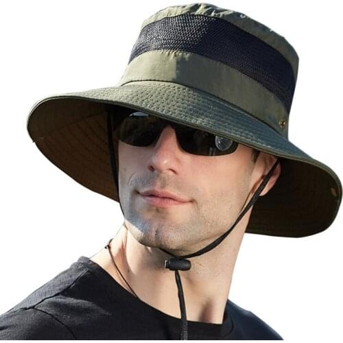 Summer Hat Men Bucket Hat Sun Beach Wide Brim With String Climbing Fishing Holiday UV Protection Breathable Outdoor Accessory