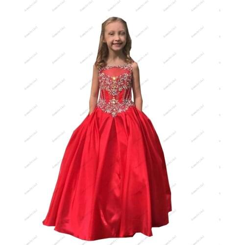 2021 Red Satin Sheer Neck Flower Girl Pageant Dresses with Pockets Cheap Hollow Back Crystal First Communion Gowns Robe Kids