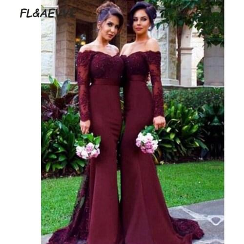 Mermaid Bridesmaid Dresses Burgundy Off-the-Shoulder Bridesmaid Dresses Long Sleeves Elastic Satin Sweep Brush Train for Wedding