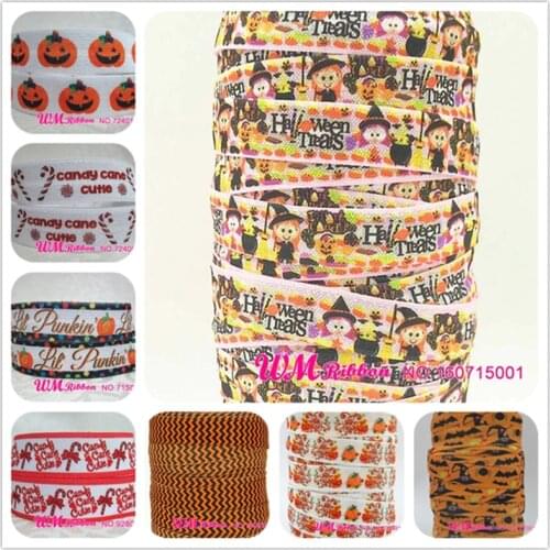 Q&N ribbon wholesale/OEM 5/8inch Orange&Black Chevron Halloween Printed folded over elastic webbing FOE 50yds/roll free shipping