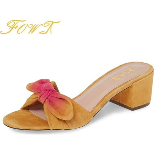 Yellow Butterfly-Knot Med Chunky Heels Sandals Woman Slippers Slides Large Size 11 15 Slip On For Ladies Summer Dress FOWT