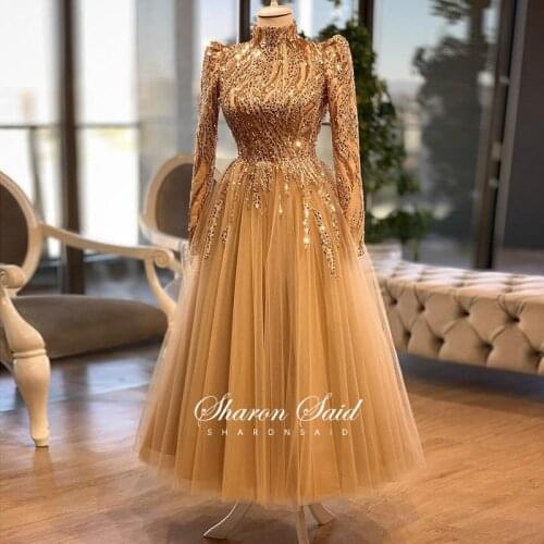 Sharon Said Elegant Gold Muslim Evening Dress Women for Wedding Party Long Sleeve High Neck Dubai Arabic Prom Dresses 2021