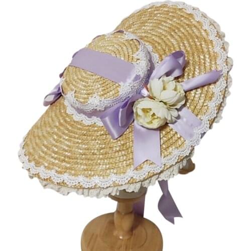 Japanese Lolita Sweet Straw Sun Hat Lace Ribbon Bow Wide Brim Tea Party Flat Cap
