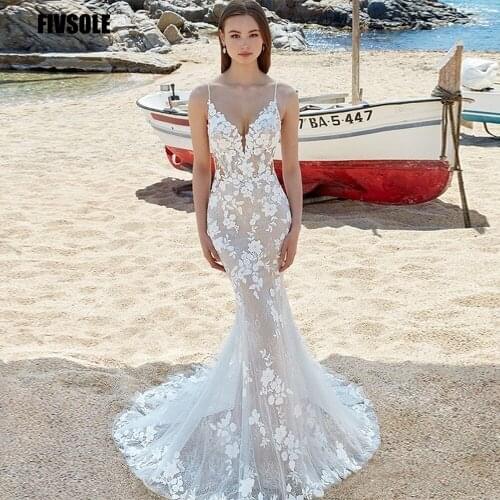Fivsole Tulle Mermaid Wedding Dress 2021 Sexy Spaghetti Straps Lace Appliques Flowers Plus Szie Bridal Dress Robe Mariage