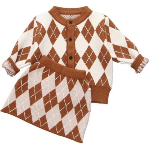 Little Girl Sweater Suit Set 2019 New Fall Long Sleeve Plaid Knitted Cardigan Coat+Skirt 2pc Kids Outfits 2-7Yrs Toddler Clothes