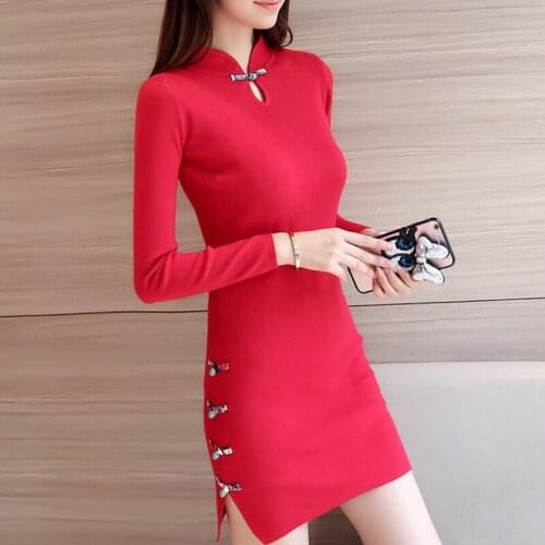 2019 Sale Sweater Poncho Spring 2009 New Korean Version Bottomed Medium-long Cheongsam Womens Stretch Self-cultivation Knitted