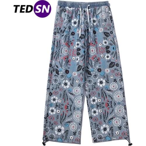 2021 Spring Harajuku Mens Trousers Oversized Straight-Leg Retro Street Style Embroidery Patchwork Hip-Hop Casual Street Pants